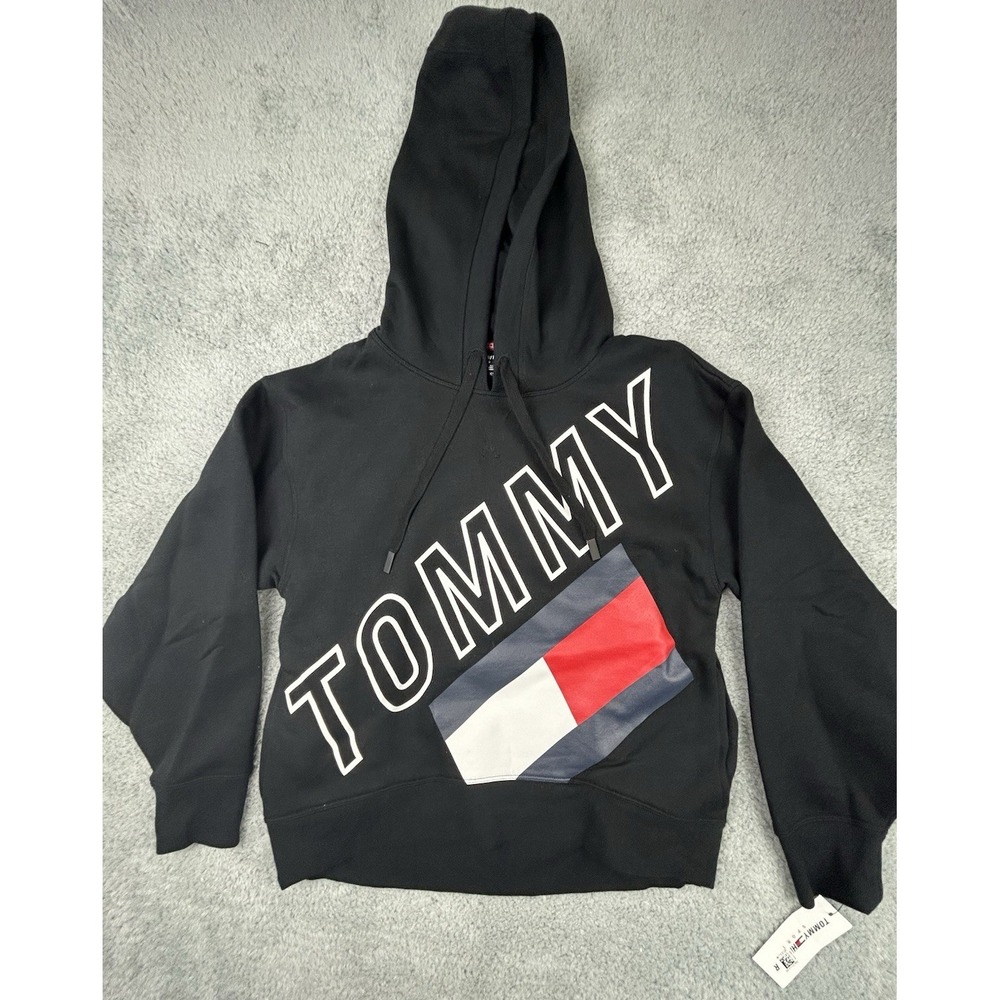 NWT Womens Size XS  TOMMY HILFIGER Sport Black Logo Crop Hoodie Sweatshirt